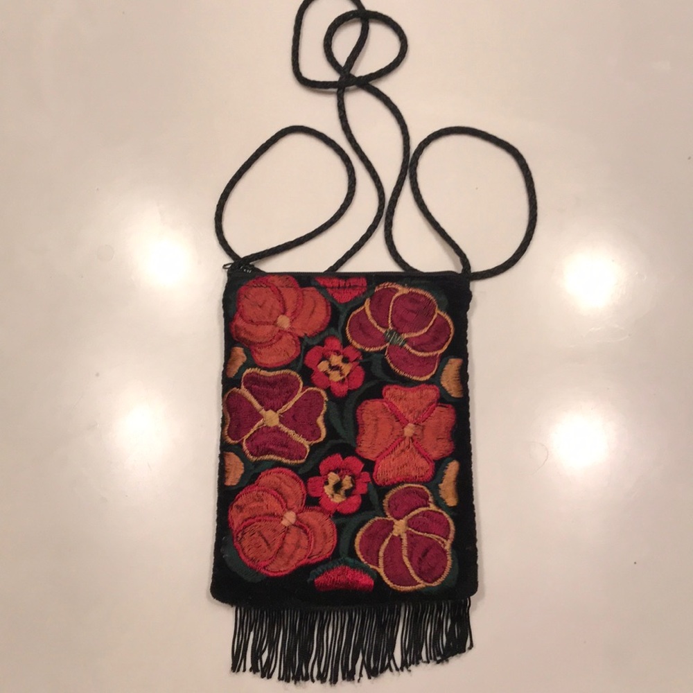 Floral Embroidered Velvet & Satin Crossbody Bag
